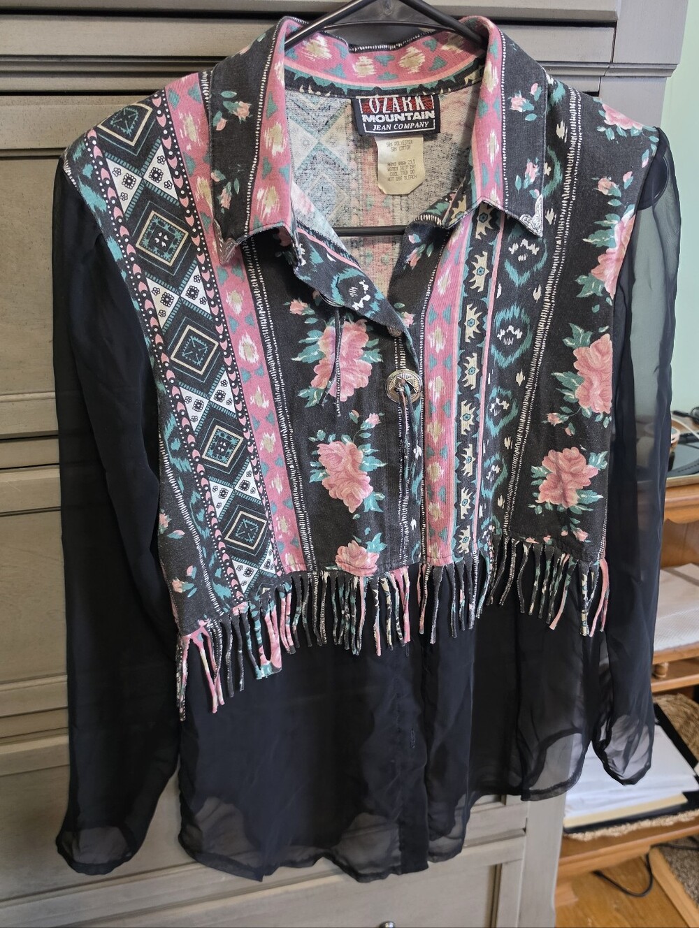 Ozark Mountain Black Sheer Blouse with Pink Floral Print